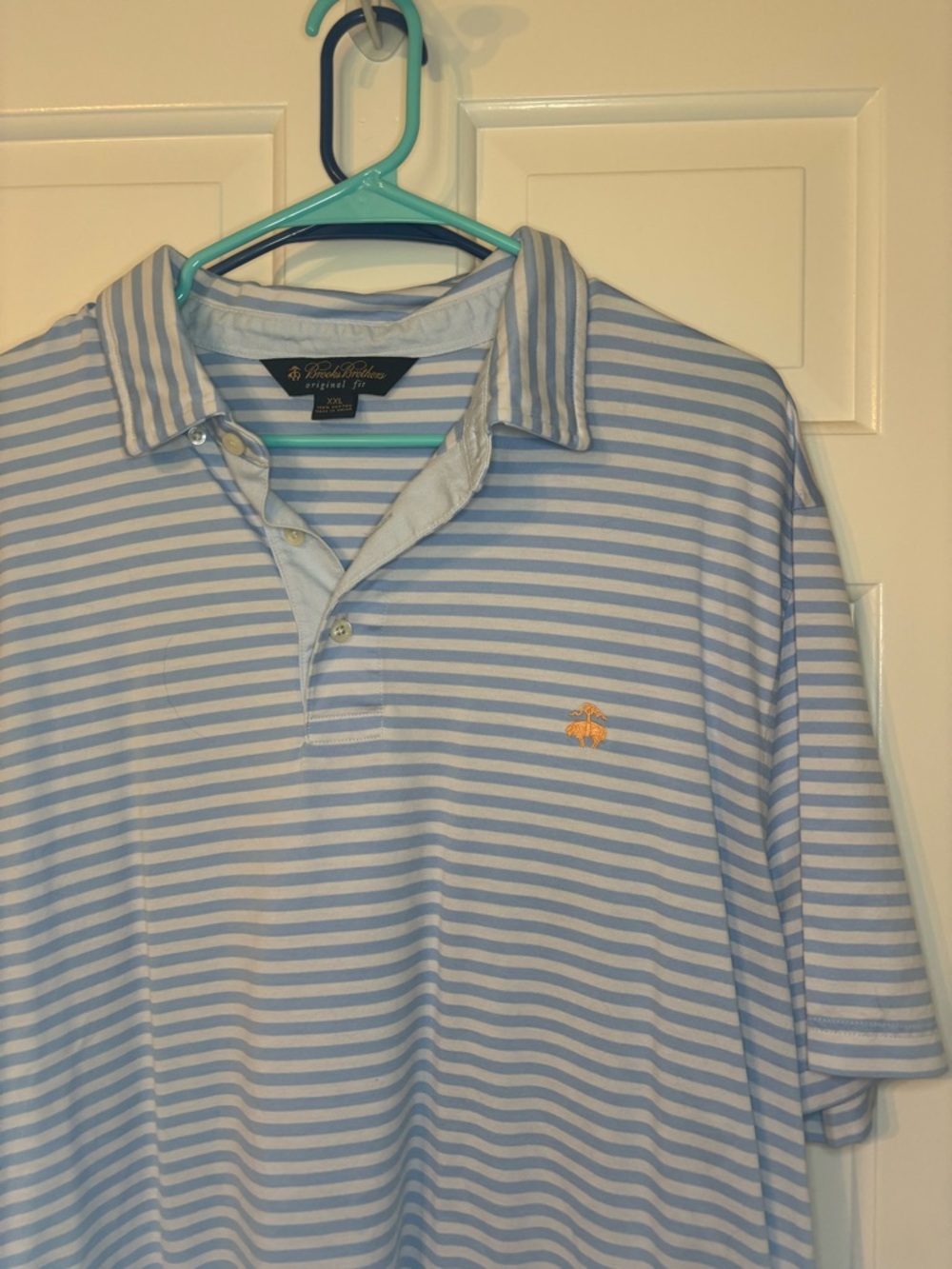 Brooks Brothers Men’s Light Blue & White Striped Polo with Gold Logo